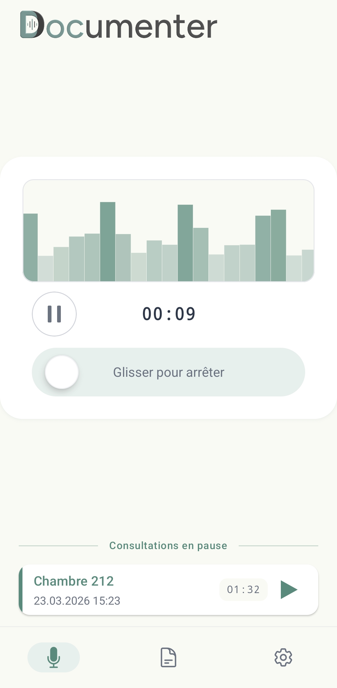 Interface d'enregistrement vocal avec visualisation audio